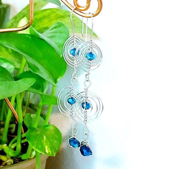 Boho Statement Cobalt Blue Dangle Earrings, Glass Beaded, Artisan 3.5" - Picture 8 of 8